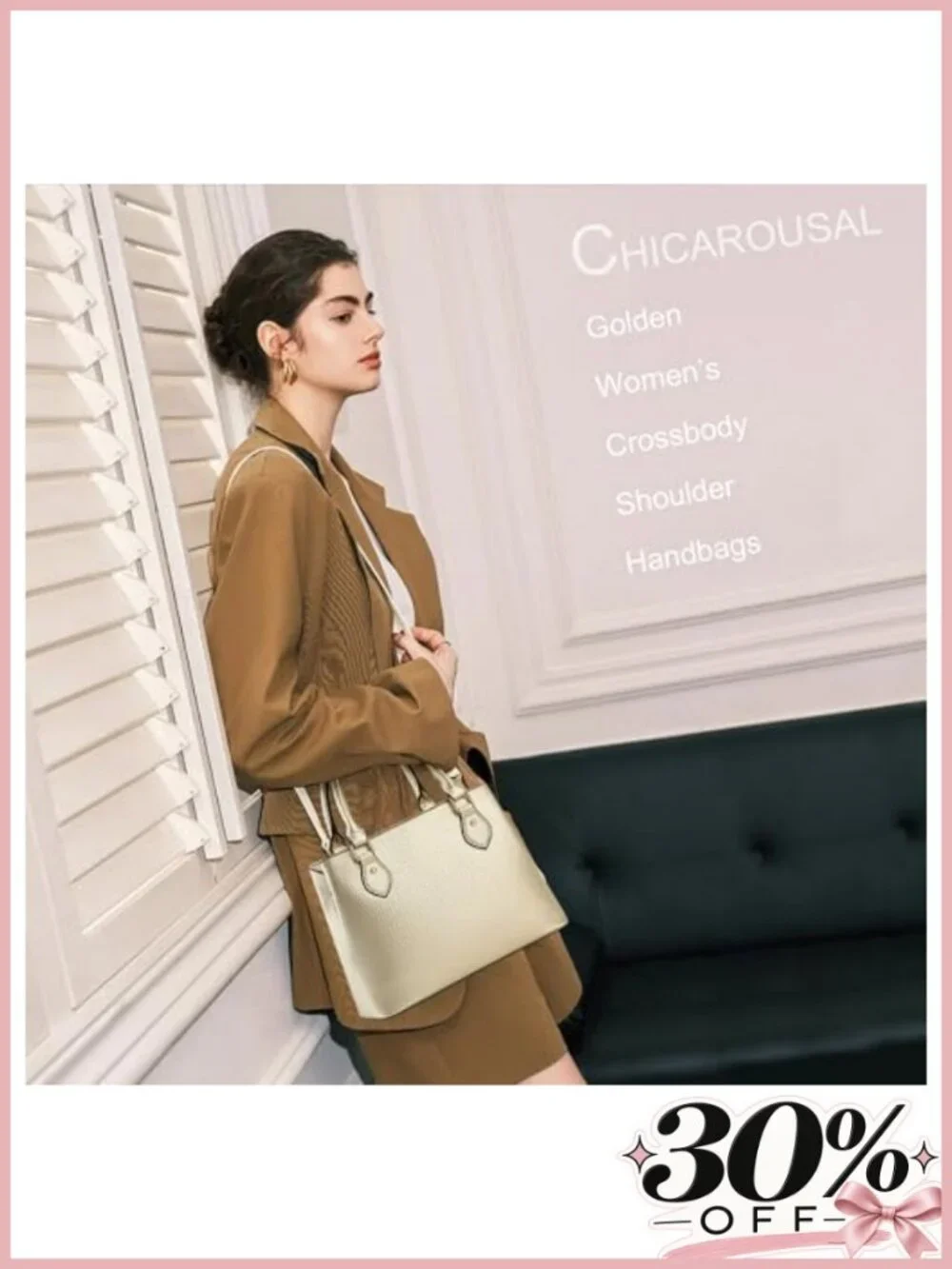 Faux Leather Satchel Crossbody Bag with Gold Tone Hardware